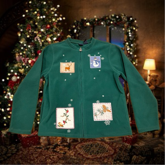 Basic Editions Jackets & Blazers - Green Vintage Holiday Fleece Zip Up Jacket Size M